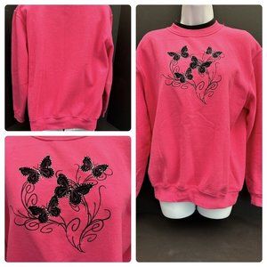 Y2K Vintage Grandma Butterfly Sweatshirt Morning Sun Embroider Medium Pink/Black